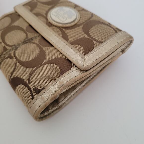 Coach Wallet Canvas Leather Signature Bifold 5x4 Medium Beige Compact Metallic - Picture 13 of 13